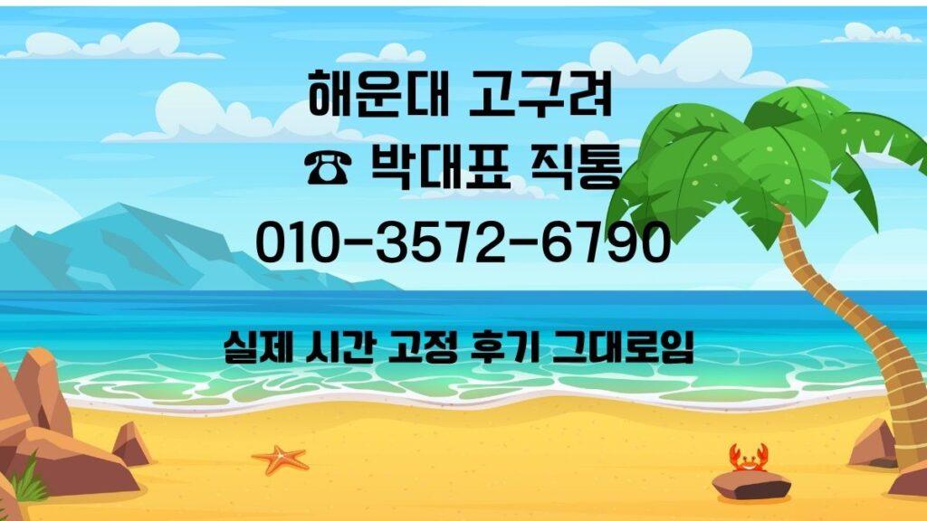 해운대 바다 배경의 일러스트 해변 이미지 위에 ‘해운대 고구려 박대표 직통 010-3572-6790 실제 시간 후기 그대로임’ 문구가 적힌 안내 이미지