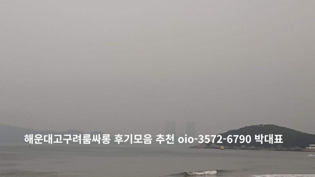 해운대 해변 앞 바다와 섬 실루엣이 보이는 흐린 날의 해안 전경으로 해운대고구려 주변 분위기를 전달하는 이미지