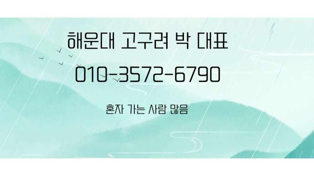 비 오는 하늘 톤 배경 위에 ‘해운대 고구려 박 대표’와 연락처 문구, “혼자 가는 사람 많음” 안내가 들어간 홍보 이미지